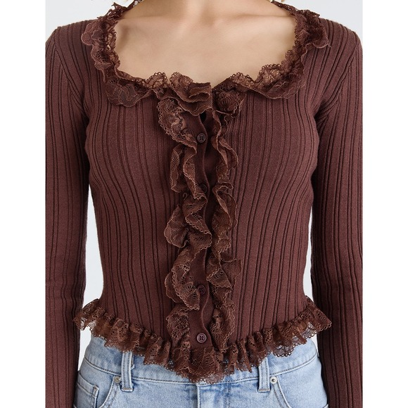 West of Melrose Chocolate Brown Ribbed Lace Trim Button Up Cardigan Sweater SM - Picture 2 of 9